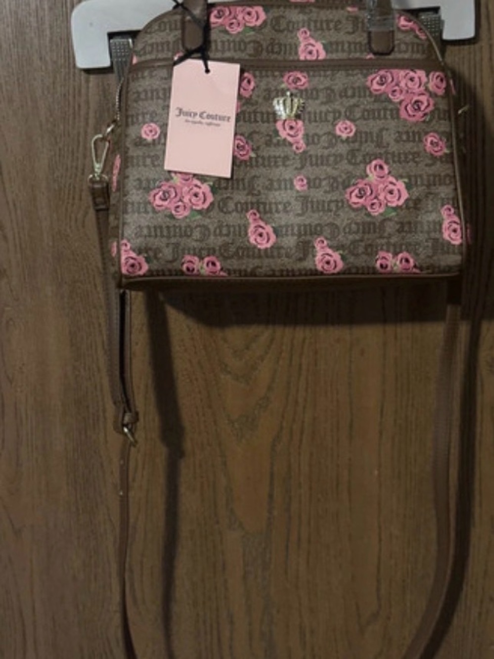 Juicy Couture Brown Crossbody Bag with Pink Rose Print